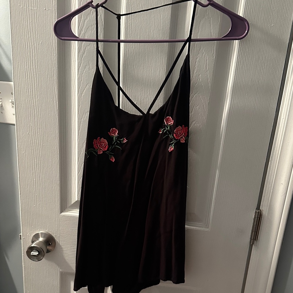 No Boundaries Black Top with Red Floral Embroidery